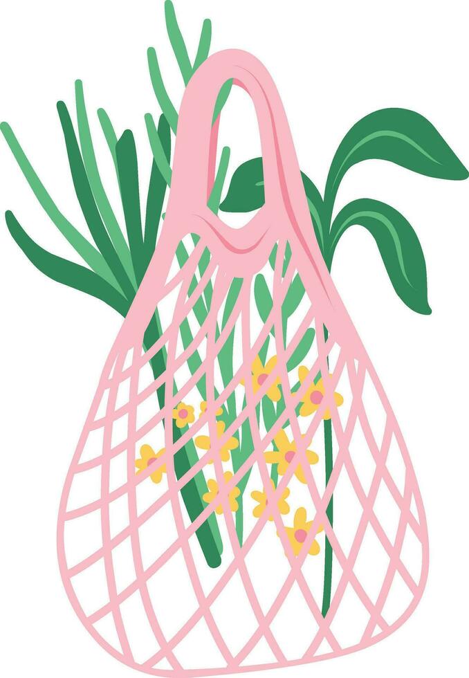 Zero waste concept. Reusable string bag with flowers and leaves. Vector illustration.