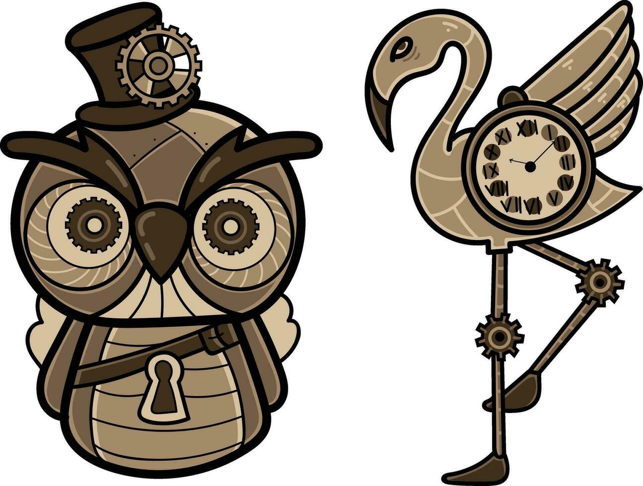 Owl, Bird and clock on white background. Vector illustration.