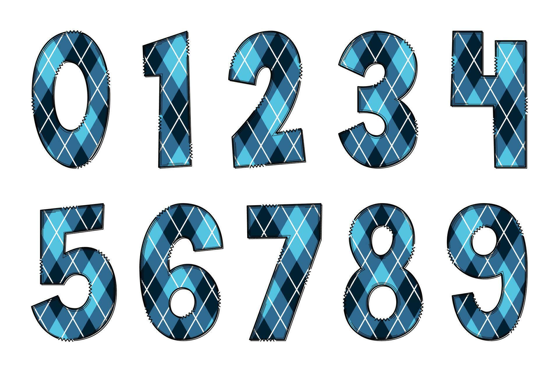 Handcrafted Blue Geometric Numbers. Color Creative Art Typographic