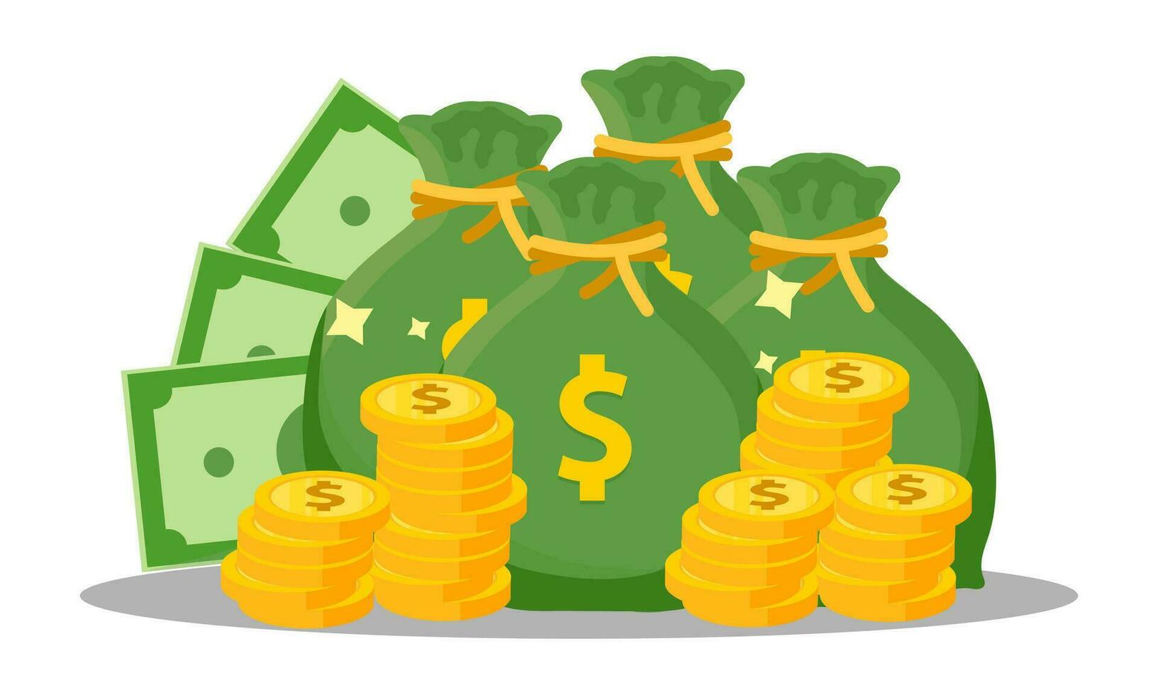 Money bag flat illustration. Dollars and gold coins stack. Wealth and banking icon, finance. Isolated on white vector