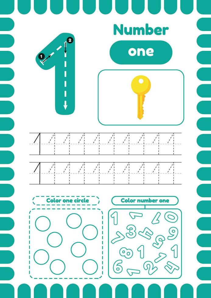 Kida activity pages. Learn numbers. Preschool worksheets. Number one vector