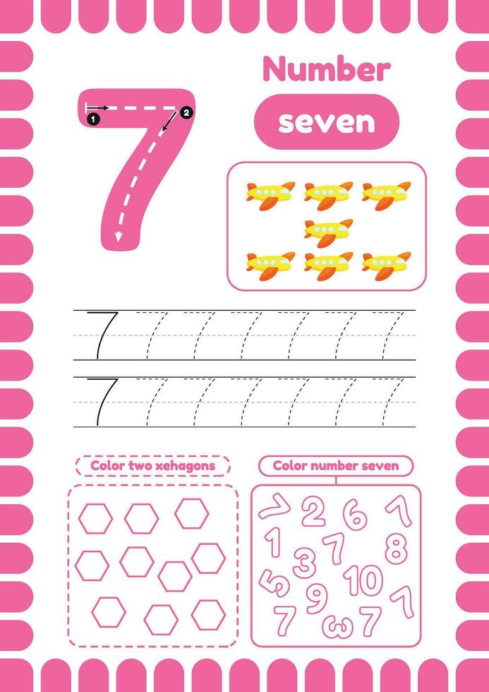 Kida activity pages. Learn numbers. Preschool worksheets. Number seven vector