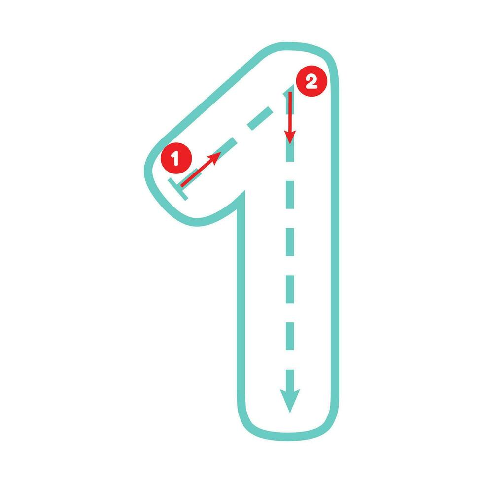 Write number one with tracing guide. Outline number. Preschool