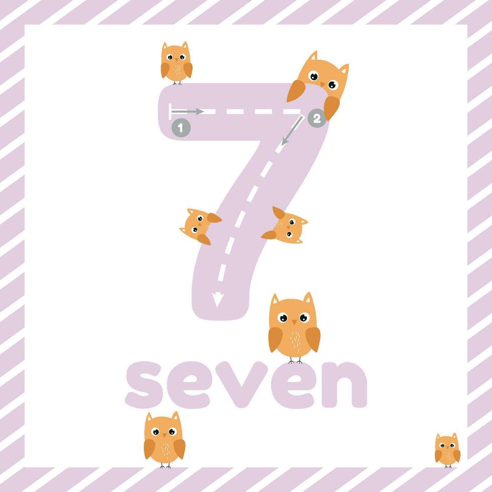 Learn numbers. Flashcards for kids education. Trace Number seven vector