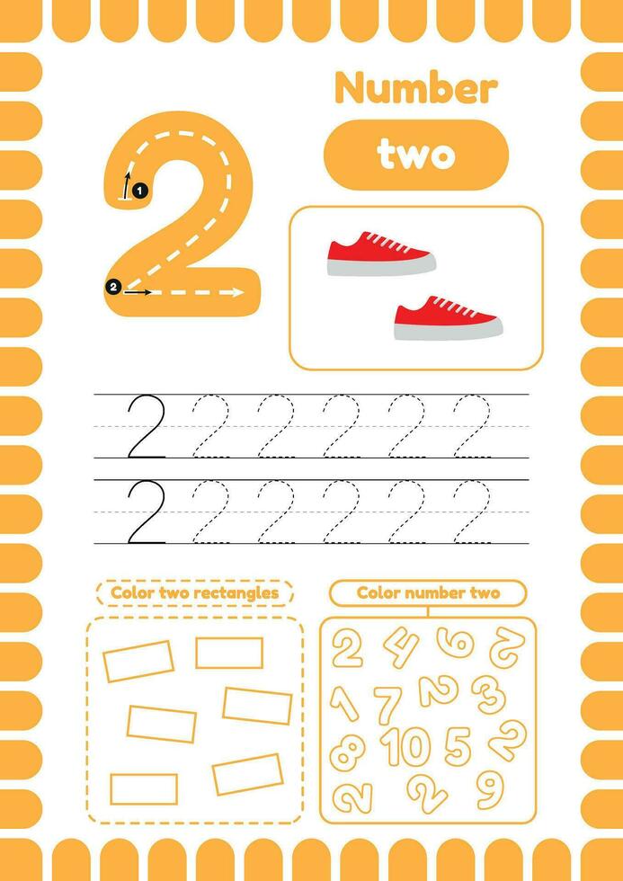 Kida activity pages. Learn numbers. Preschool worksheets. Number two vector