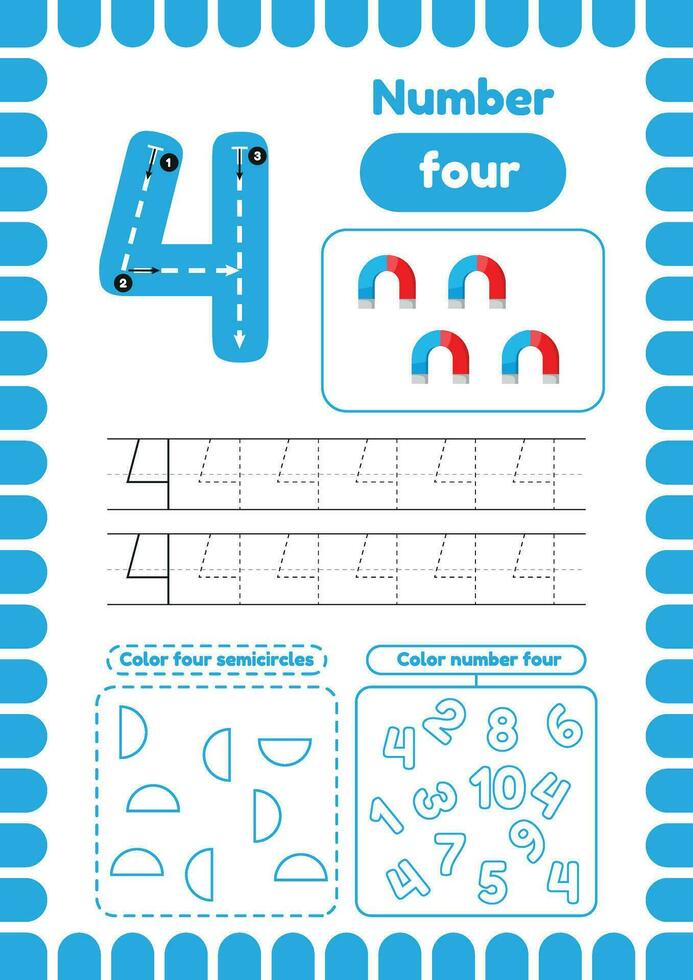 niño actividad paginas aprender números. preescolar hojas de trabajo número cuatro vector