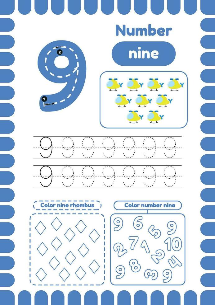 Kida activity pages. Learn numbers. Preschool worksheets. Number nine vector