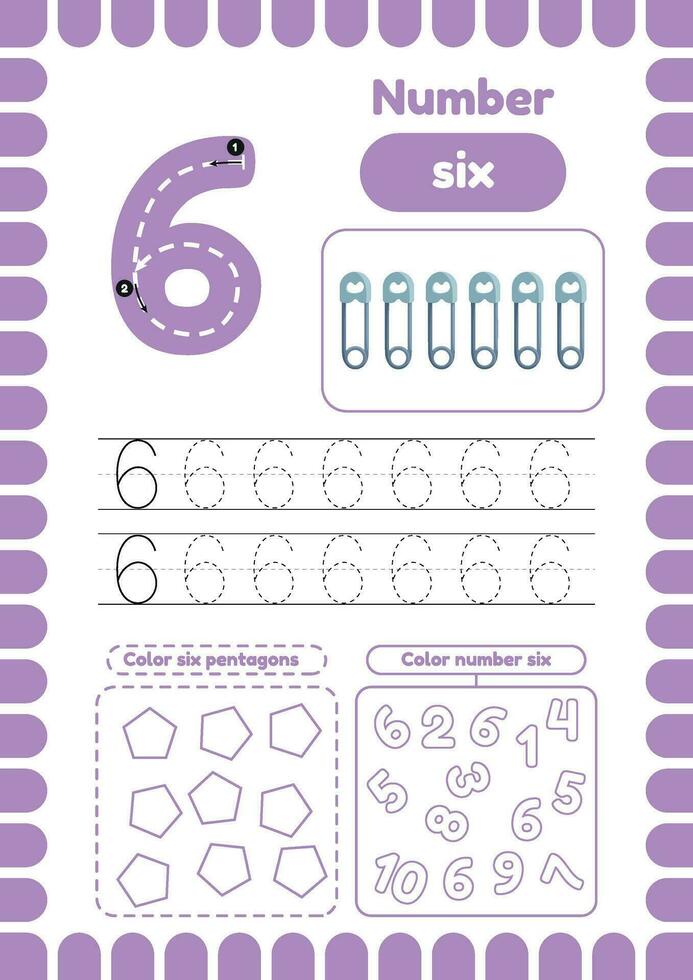 Kida activity pages. Learn numbers. Preschool worksheets. Number six vector