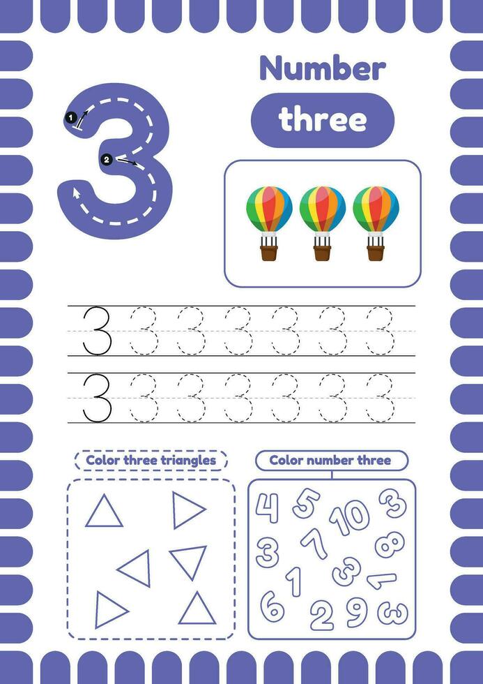 Kida activity pages. Learn numbers. Preschool worksheets. Number three vector
