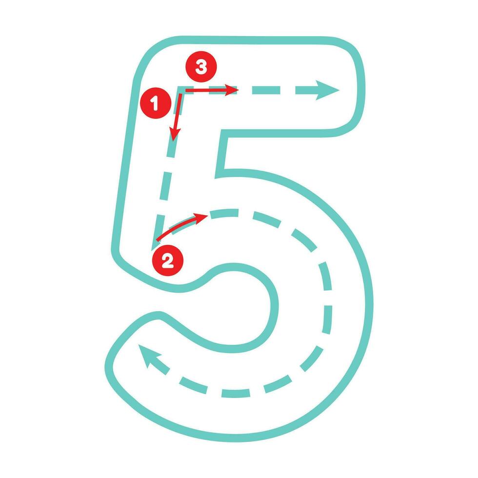 Write number five with tracing guide. Outline number. Preschool worksheet for kids exercise. Education maths page vector