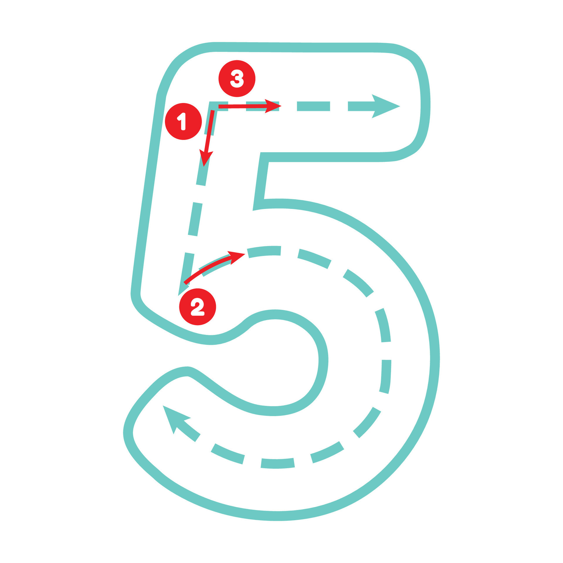 Write number five with tracing guide. Outline number. Preschool