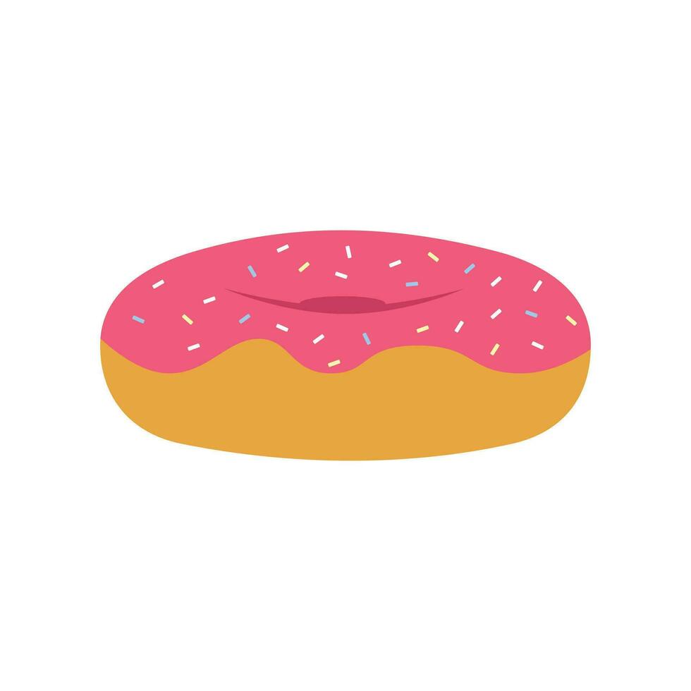 Illustration of a donut with pink jam and colorful sprinkles. Food clip art. Suitable for culinary content and infographic. vector