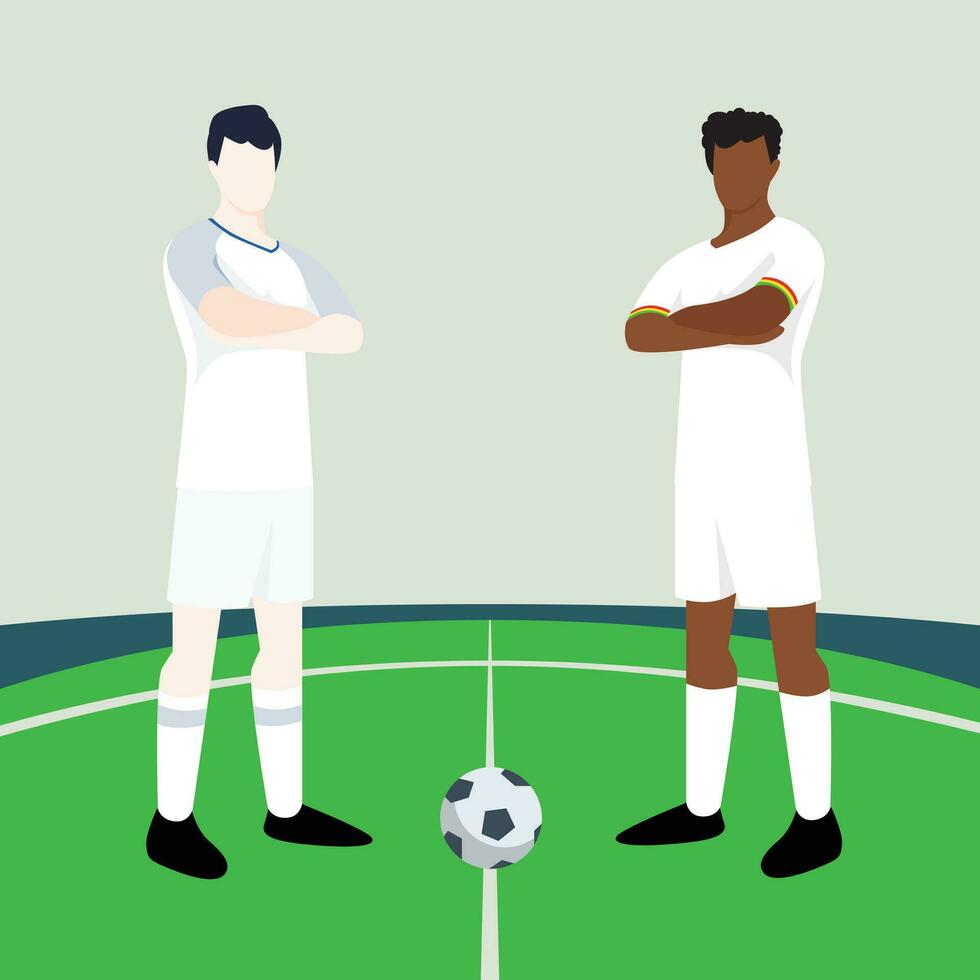 Match preview displaying two male footballers within a football field vector illustration. England vs Ghana.