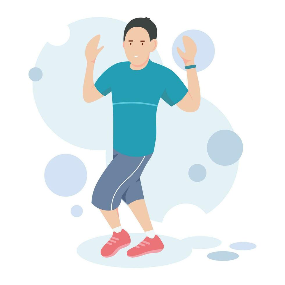 A man jogging and posing. A man wearing a smartwatch lifts his hands and greets someone. Sports and activities flat illustration. vector