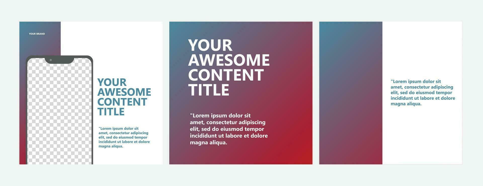 Carousel social media post vector template. Three pages microblog style post with dark blue and red gradient colored ornament and featured by image space with phone screen as a frame.