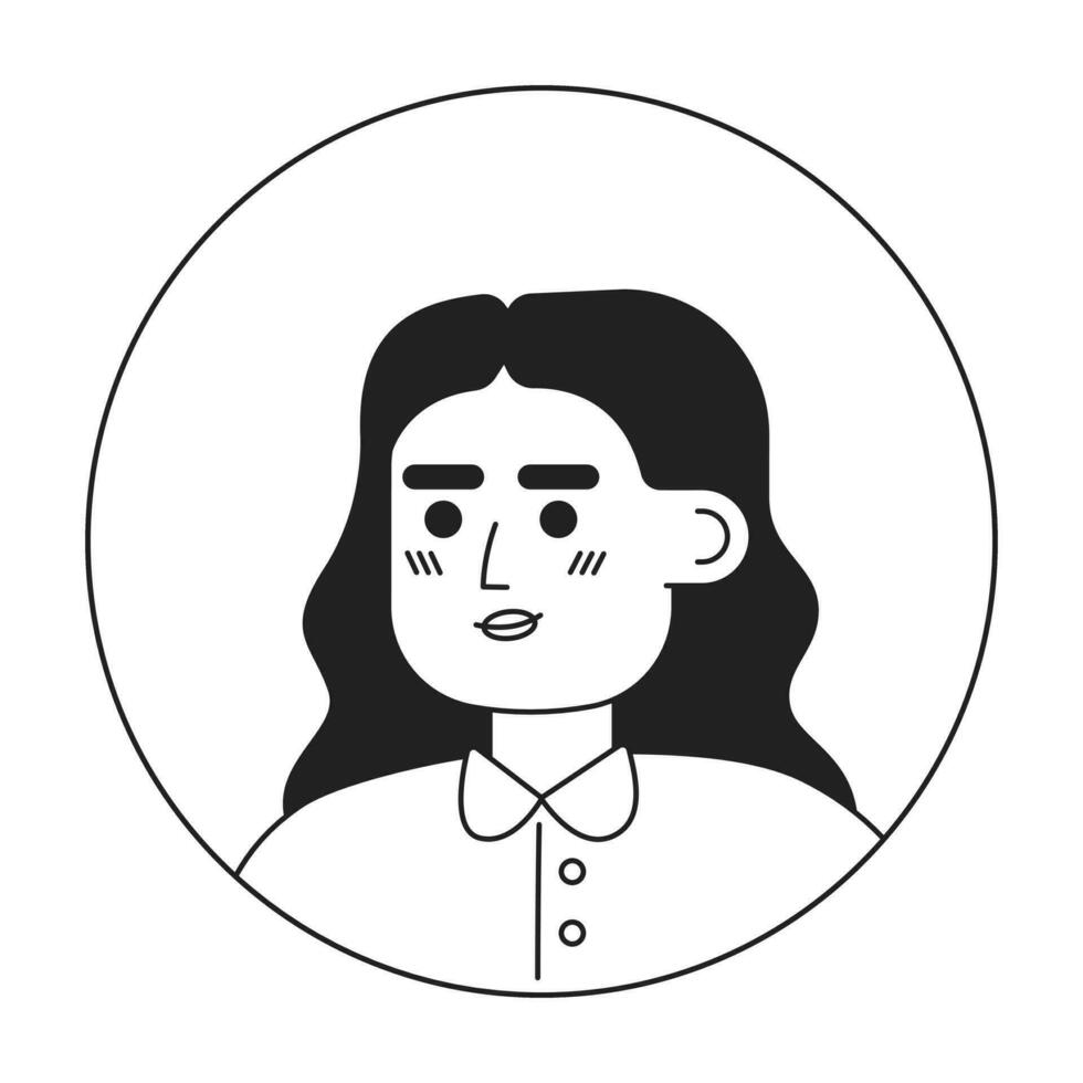 bonito joven mujer con Rizado pelo monocromo plano lineal personaje cabeza. blanco collar camisa. editable contorno mano dibujado humano cara icono. 2d dibujos animados Mancha vector avatar ilustración para animación