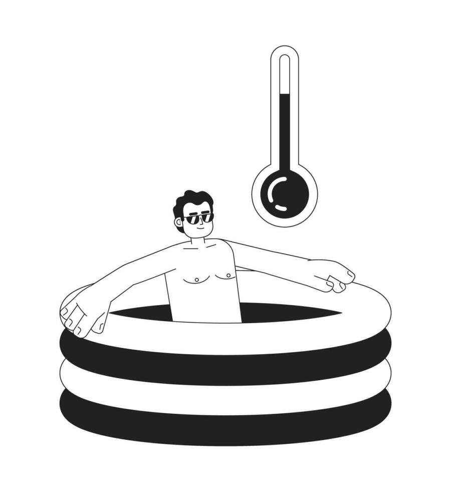 Swimming pool temperature high monochrome concept vector spot illustration. Man in kid pool 2D flat bw cartoon character for web UI design. Staying hydrated isolated editable hand drawn hero image