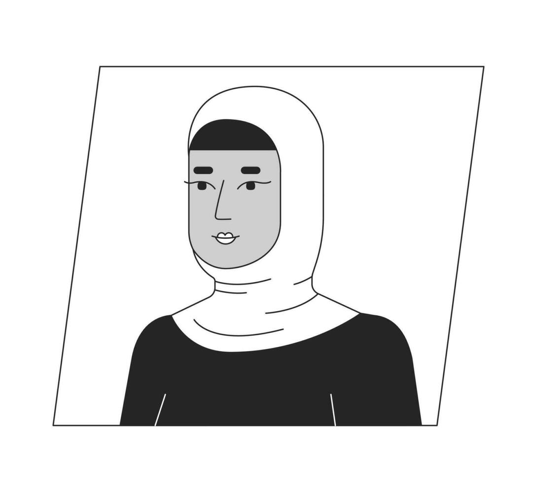 árabe mujer vestir hijab negro blanco dibujos animados avatar icono. bonito musulmán dama. editable 2d personaje usuario retrato, lineal plano ilustración. vector cara perfil. contorno persona cabeza y espalda