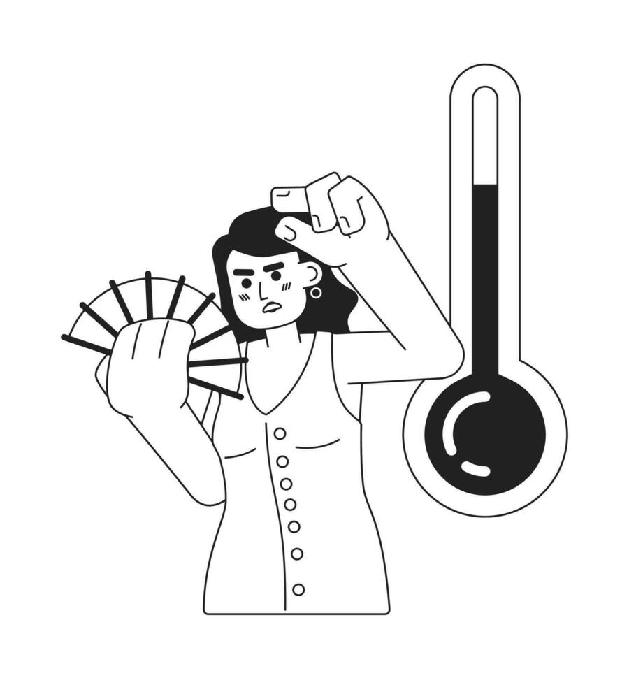 Hot day with high temperature monochrome concept vector spot illustration. Woman waving hand fan 2D flat bw cartoon character for web UI design. Heatwave isolated editable hand drawn hero image