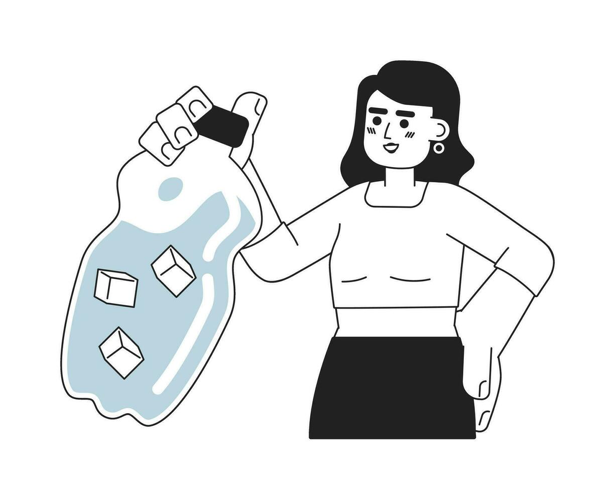 Stay hydrated in summertime monochrome concept vector spot illustration. Woman holding water bottle 2D flat bw cartoon character for web UI design. Hot day isolated editable hand drawn hero image