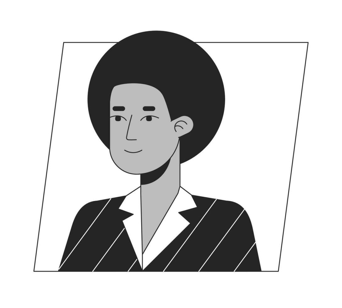 Cheerful african american man with curly hair black white cartoon avatar icon. Editable 2D character user portrait, linear flat illustration. Vector face profile. Outline person head and shoulders