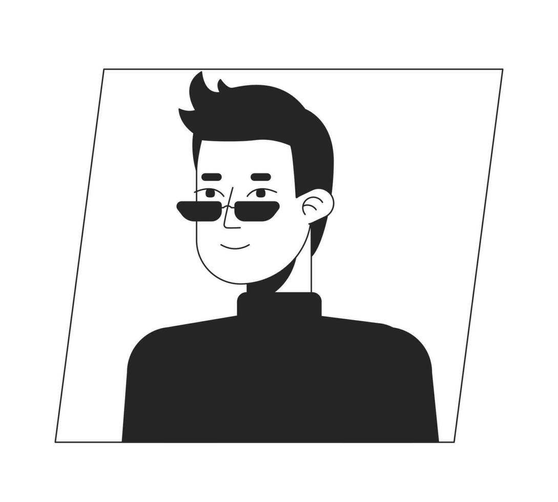 Handsome young man in glasses black white cartoon avatar icon. Editable 2D character user portrait, linear flat illustration. Vector face profile. Outline person head and shoulders