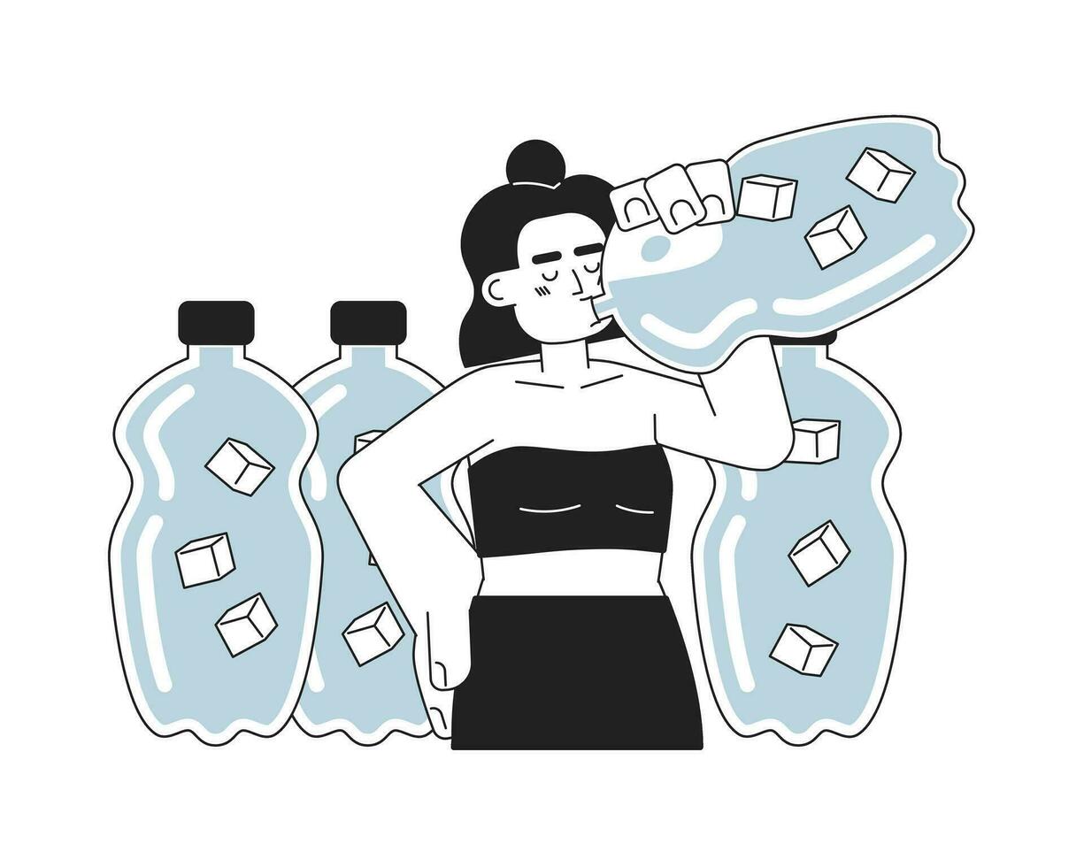 Drink more water monochrome concept vector spot illustration. Latina woman drinking from water bottle 2D flat bw cartoon character for web UI design. Stay cool isolated editable hand drawn hero image