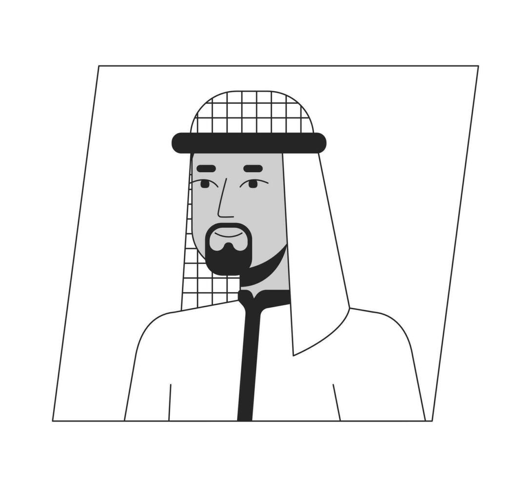 Muslim man in hijab black white cartoon avatar icon. Editable 2D character user portrait, linear flat illustration. Vector face profile. Outline person head and shoulders