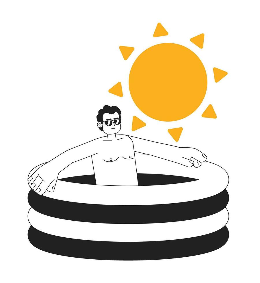 Swimming pool heat monochrome concept vector spot illustration. Latinamerican man in small kiddie pool 2D flat bw cartoon character for web UI design. Hot day isolated editable hand drawn hero image