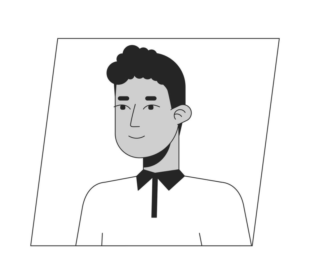 Cute young arab man black white cartoon avatar icon. Man smile. Editable 2D character user portrait, linear flat illustration. Vector face profile. Outline person head and shoulders