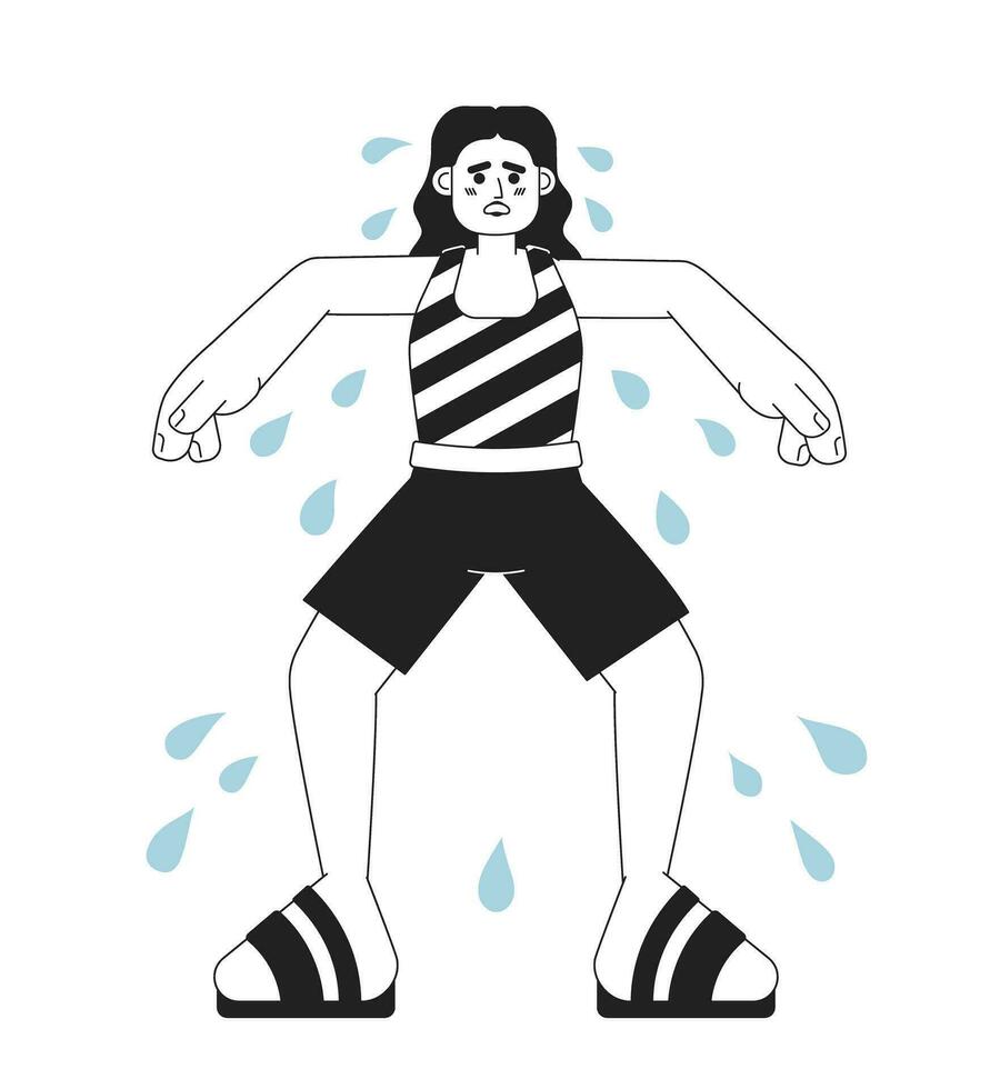 Excessive sweating in summer monochrome concept vector spot illustration. Overheated woman with sweaty underarms 2D flat bw cartoon character for web UI design. Isolated editable hand drawn hero image