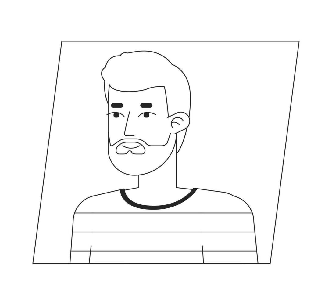 joven caucásico oscuro peludo hombre negro blanco dibujos animados avatar icono. editable 2d personaje usuario retrato, lineal plano ilustración. vector cara perfil. contorno persona cabeza y espalda