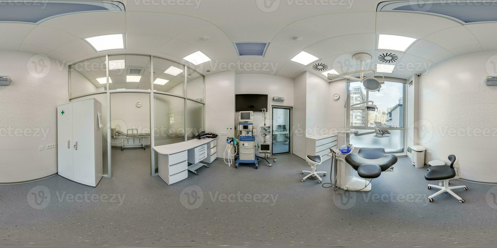 full hdri 360 panorama in surgeon orthopedist therapist cabinet dental office with modern equipment in clinic in equirectangular projection, VR content photo