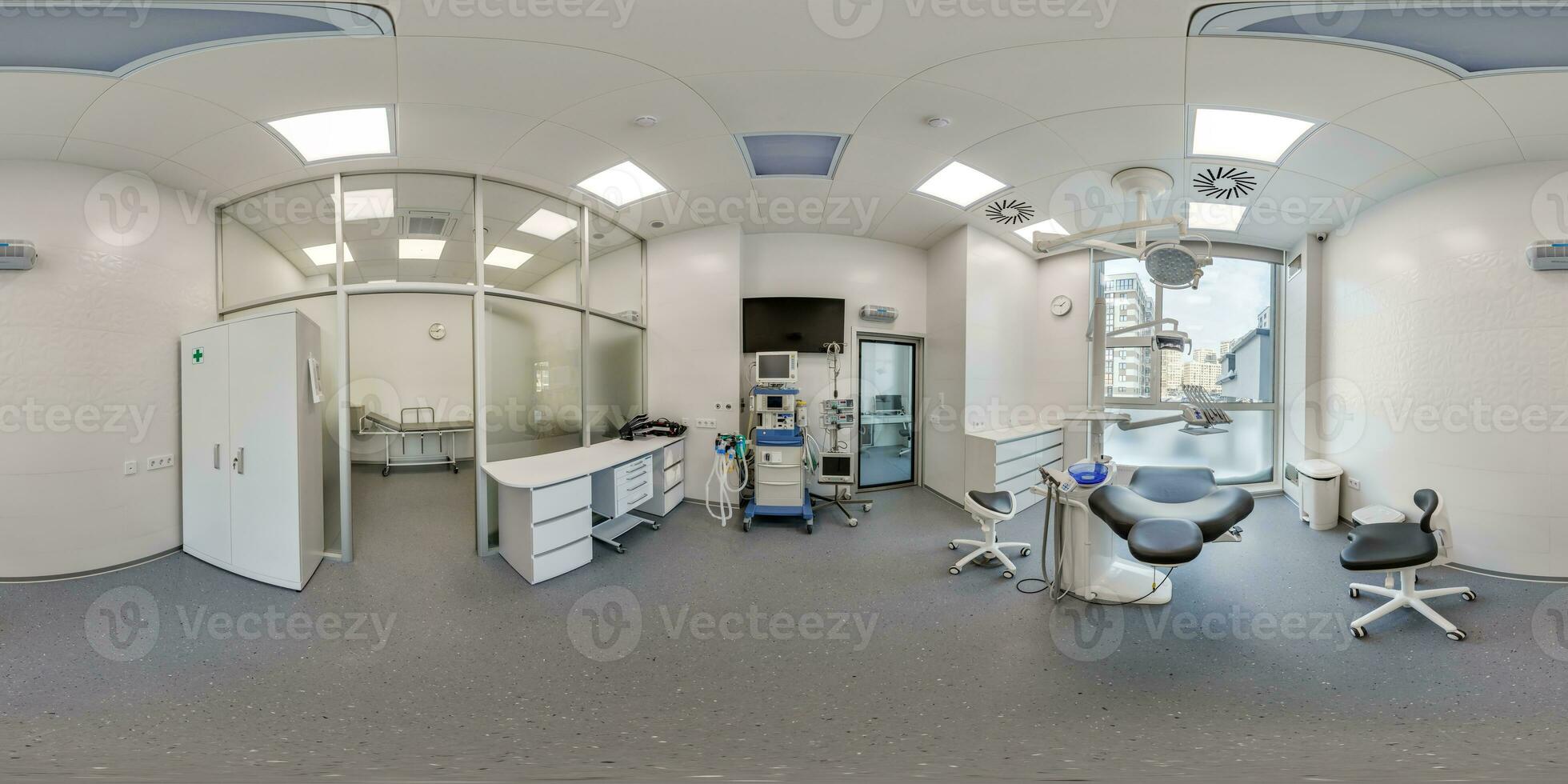 lleno hdri 360 panorama en cirujano ortopedista terapeuta gabinete dental oficina con moderno equipo en clínica en equirrectangular proyección, vr contenido foto