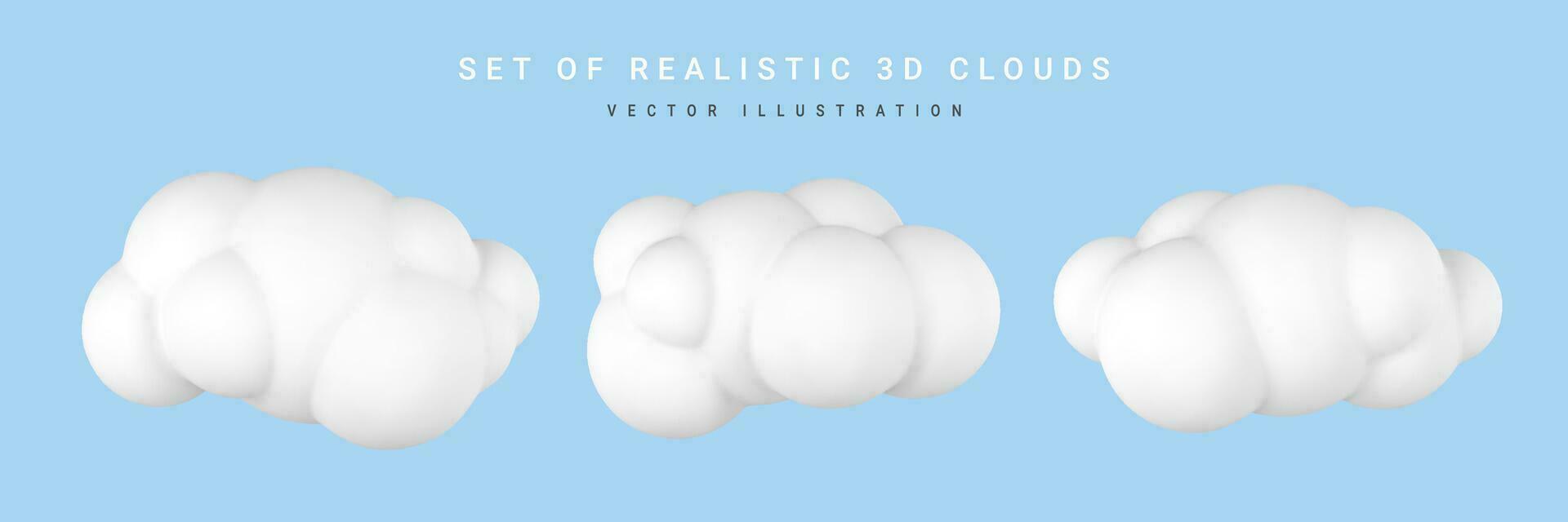 3d el plastico nubes conjunto de redondo dibujos animados mullido nubes aislado en un azul antecedentes. vector ilustración