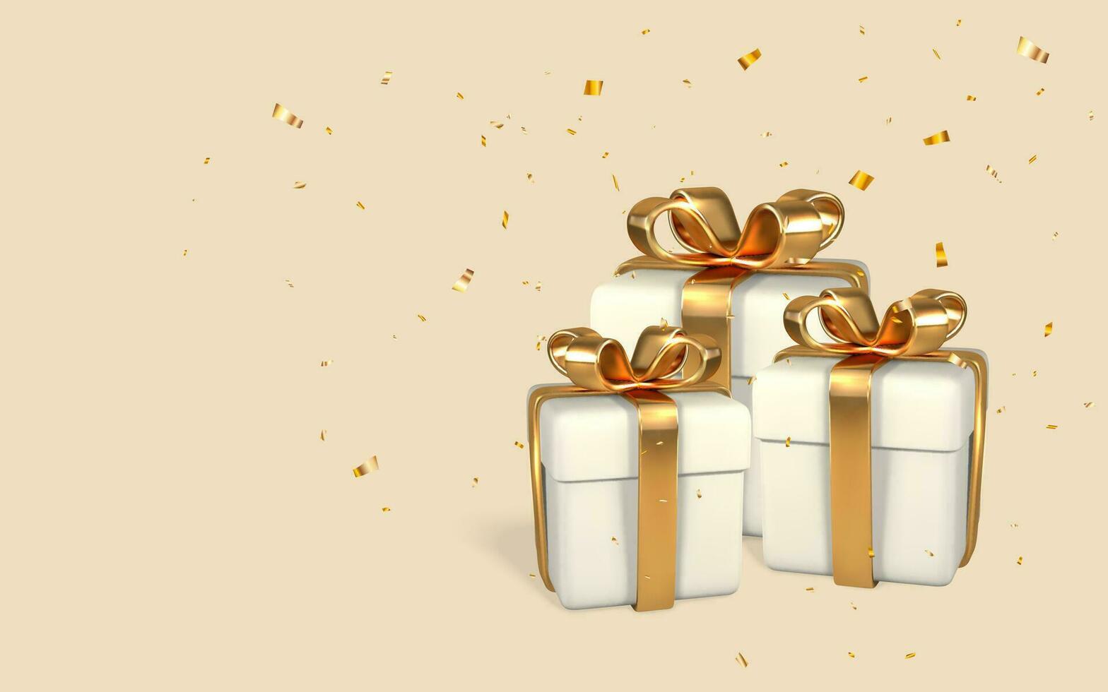 3D render and draw by mesh realistic white gift boxes with golden bows and confetti on light background. Vector illustration
