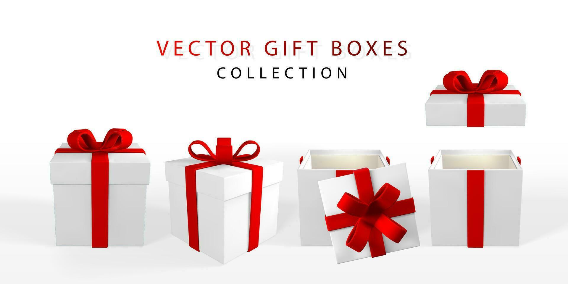 3D render realistic gift box with red bow. Paper box with red ribbon and shadow isolated on white background. Vector illustration