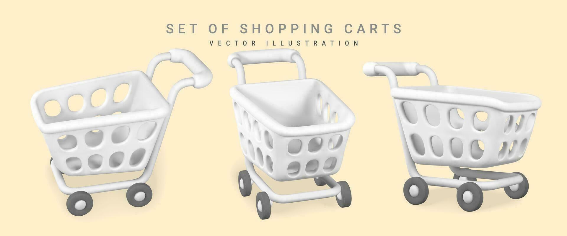 3d vacío blanco compras carros en ligero antecedentes. compras concepto. vector ilustración