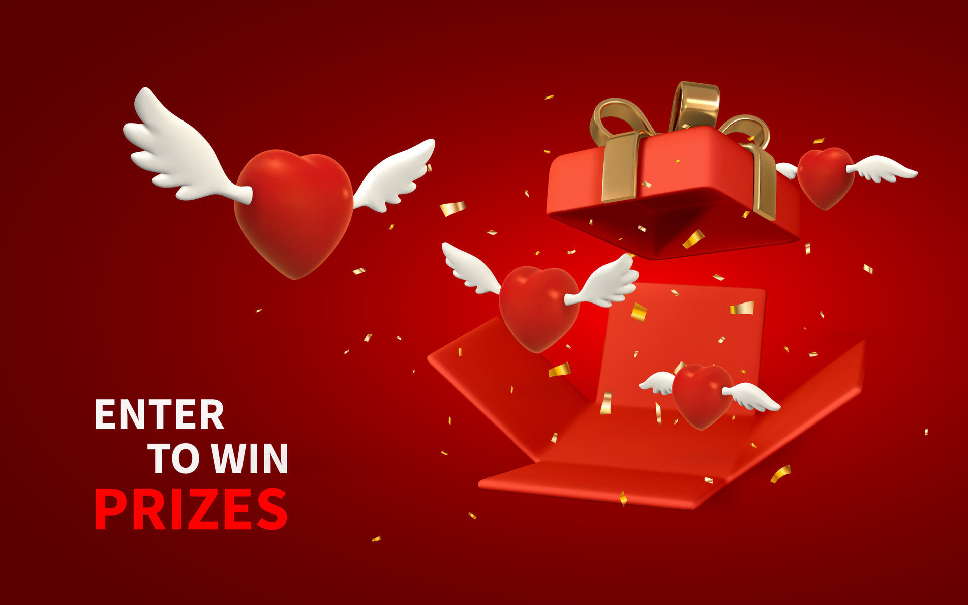 Enter to win prizes. 3d flying hearts with wings from open red gift box
