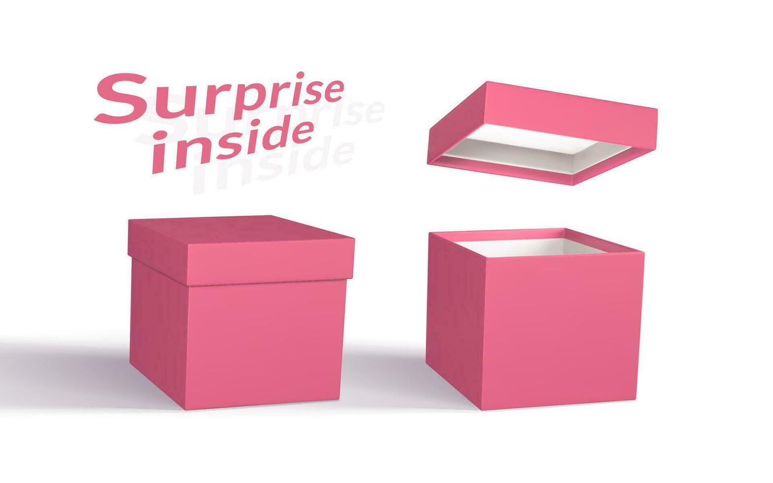 3D render realistic open and closed gift box with surprise inside. Red paper box with shadow isolated on white background. Vector illustration