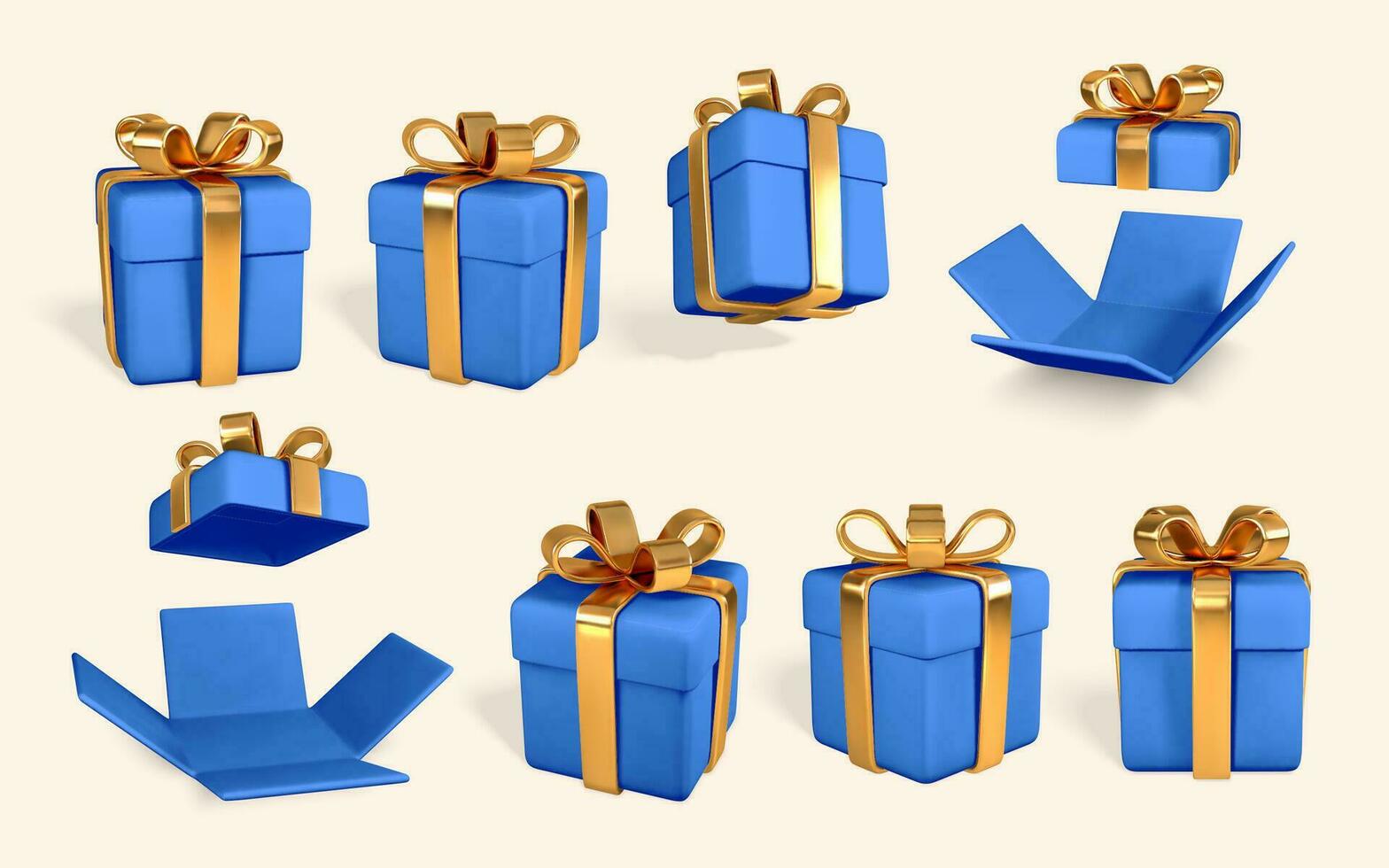 3d realista azul regalo cajas con dorado arco. papel cajas con cinta y sombra aislado en blanco antecedentes. vector ilustración