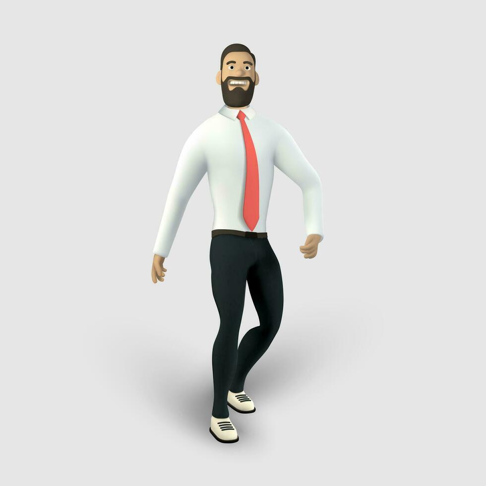 Businessman character in 3D cartoon stile. Man in white shirt with tie. Bearded guy, gesturing. Vector illustration