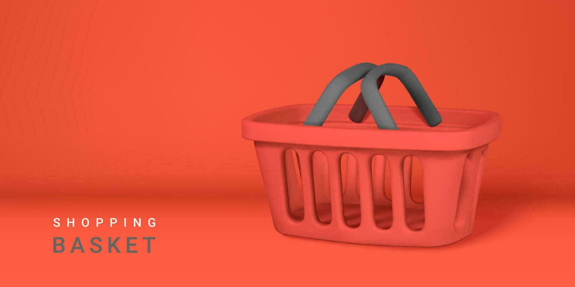 3d empty red shopping basket. Shopping concept. Vector illustration