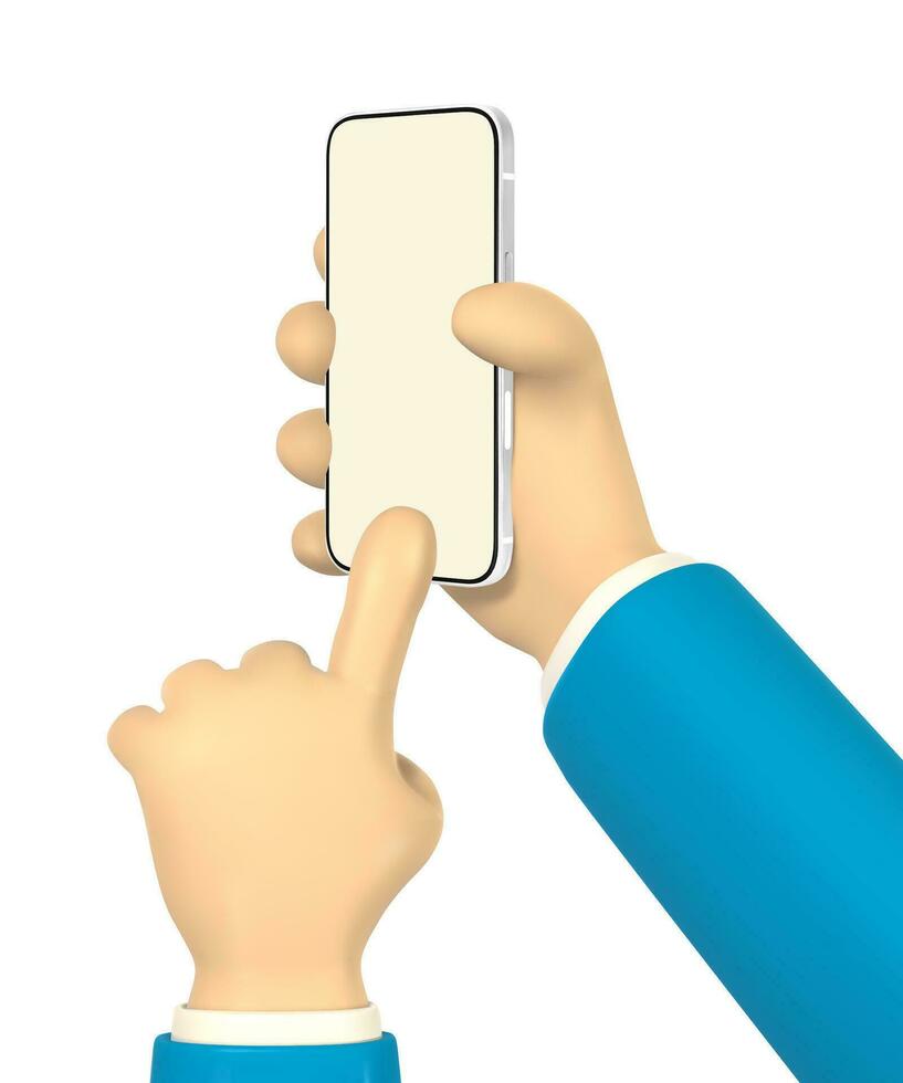 Cartoon character hands with smart phone, scrolling or searching for something. 3d render hand businessman in suit. Vector illustration