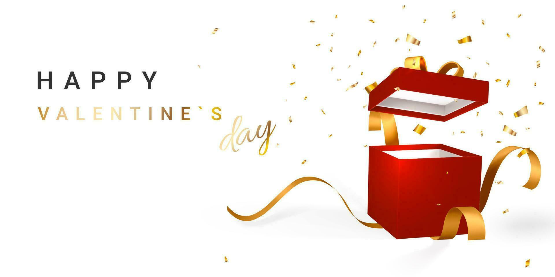 Happy Valentines Day background. 3D realistic gift box with golden ribbon. Red paper box with ribbon and shadow isolated on white background. Vector illustration