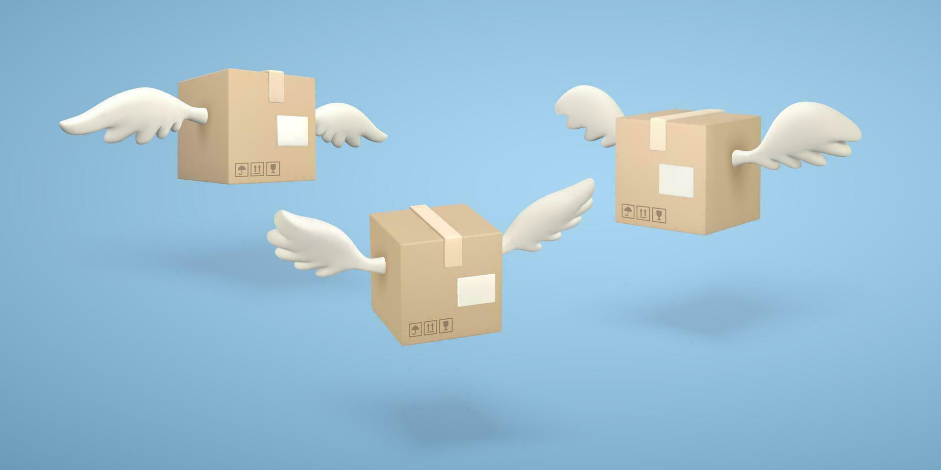 3d flying parcel with wings. Carton delivery packaging. Delivery service concept. Vector illustration