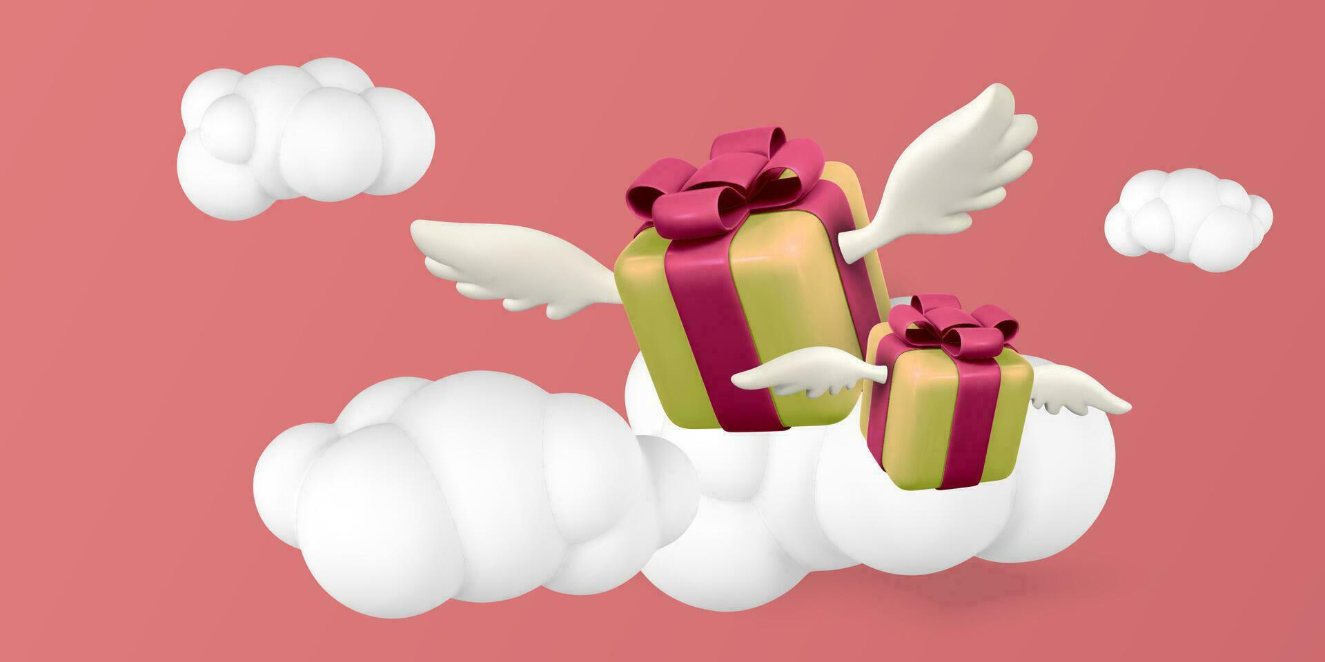 3d flying gift box with wings on a red background. Valentine's Day design. Vector illustration