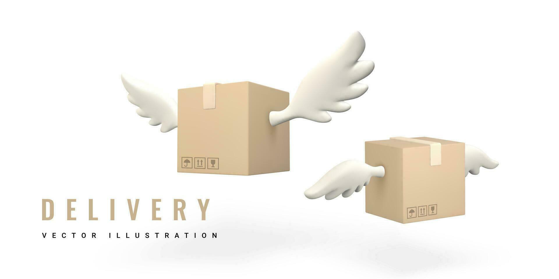 3d flying parcel with wings. Carton delivery packaging. Delivery service concept. Vector illustration