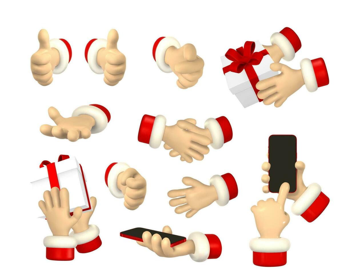 Cartoon character hand shows finger gestures. 3d render santa hands. Vector illustration