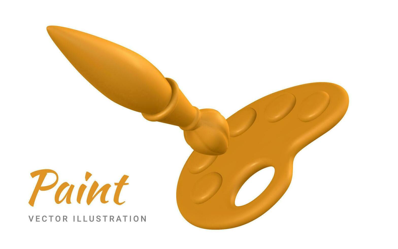 3d realistic palette with paints and brush in cartoon style. Vector illustration